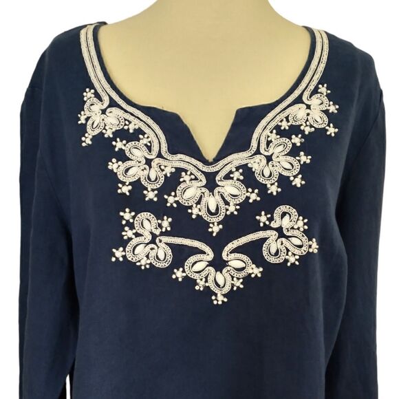 JM Collection Linen Shirt Sz 8 Top Tunic Navy Blue Embroidered Beaded Blouse. - Picture 2 of 16